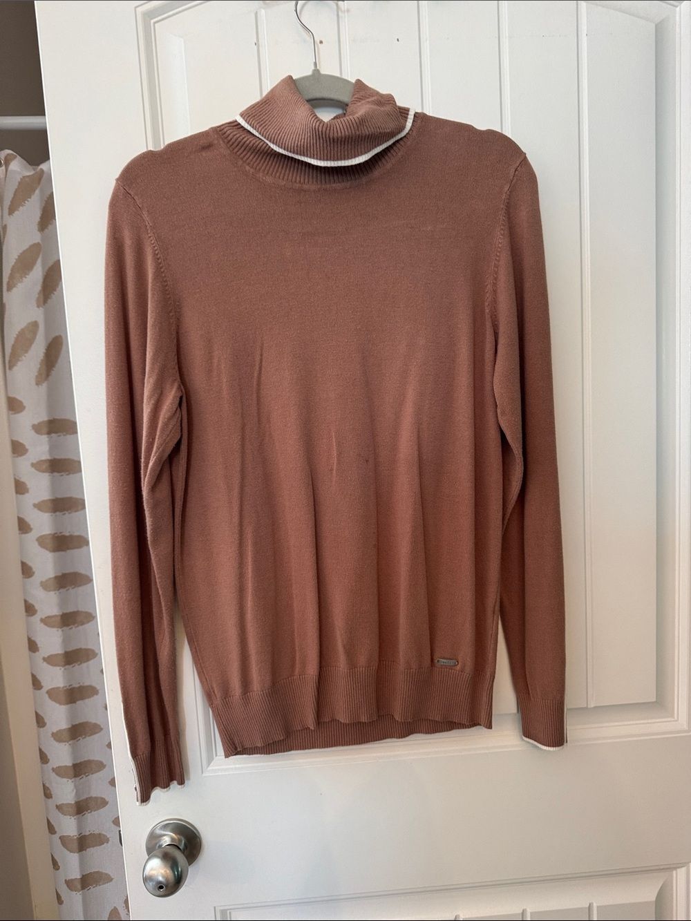 Calvin Klein Women's Turtleneck Sweater in Rose Brown with White Trim